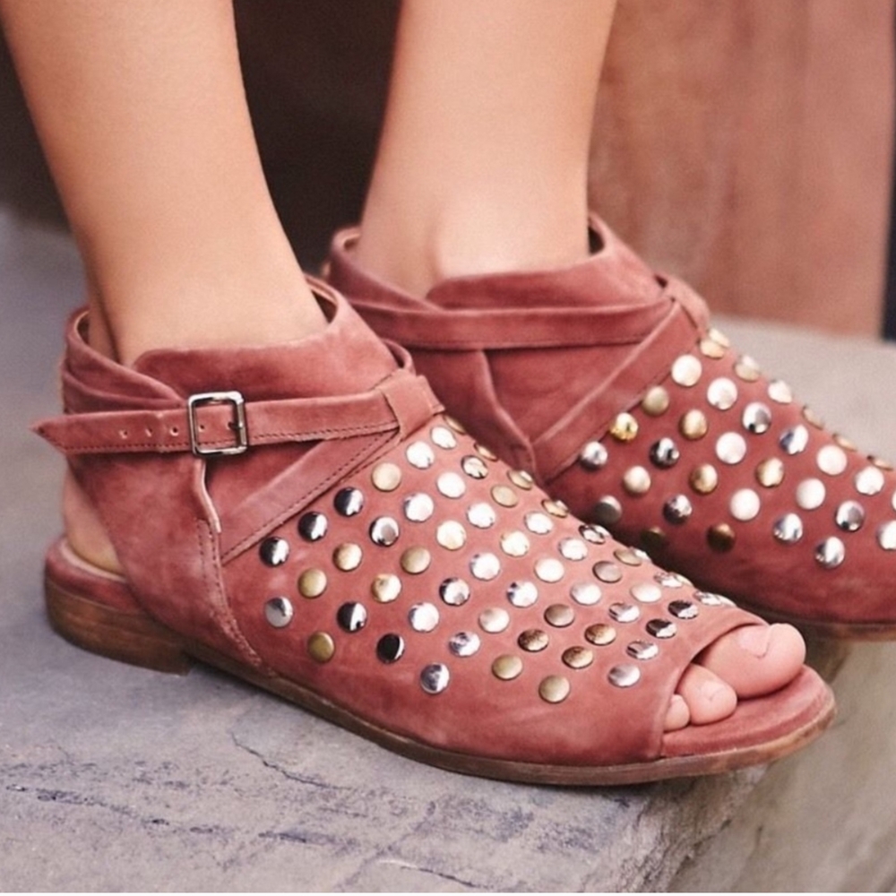 Free People Pink Studded Sandals with Ankle Straps